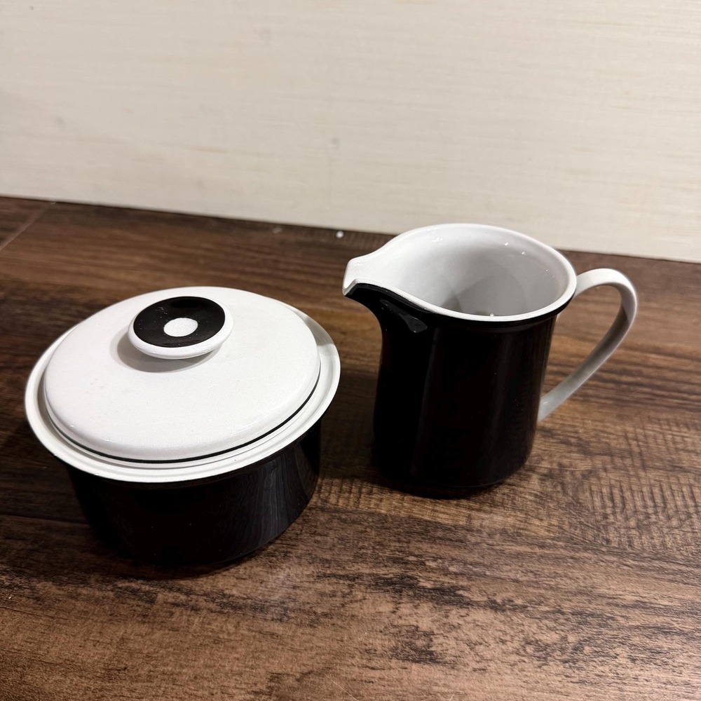 VTG 70s Mikasa Avant Garde Creamer Sugar Bowl with Lid Black White MCM Space Age